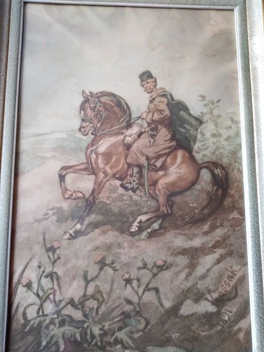 Reprodukcja obrazu J. Kossaka w ramie za szkłem, pocz. lat 70