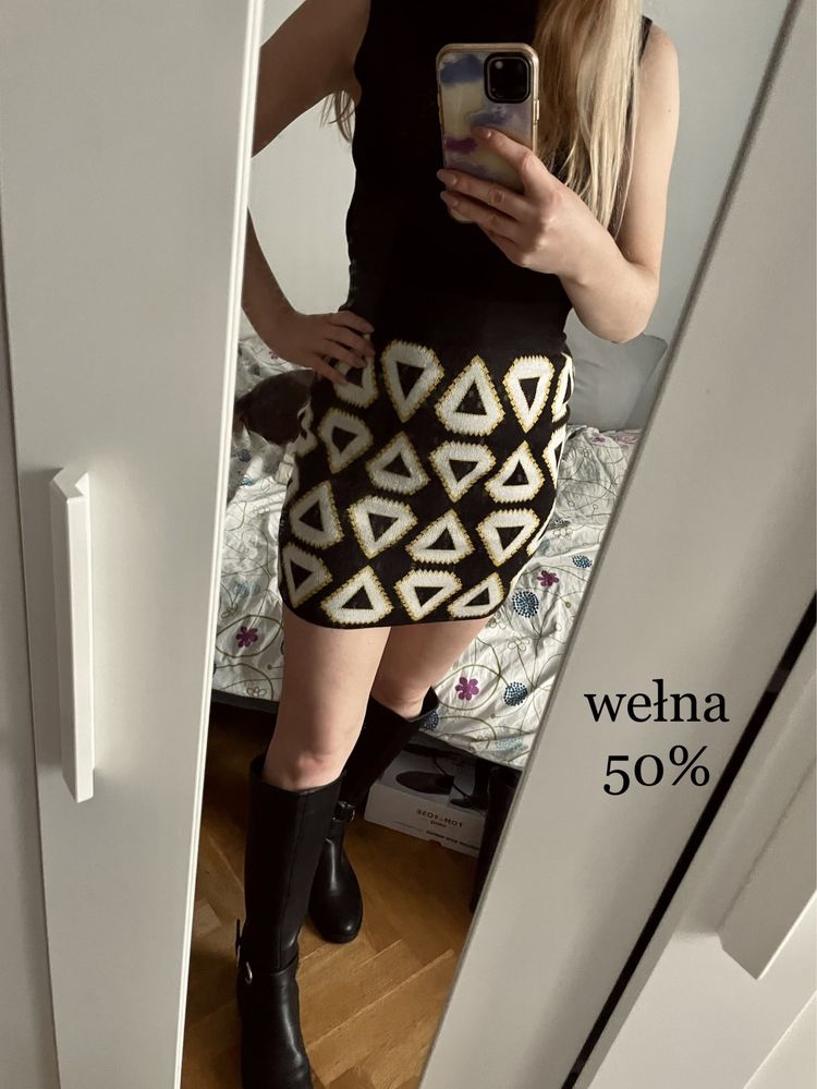Wełniana spódnica tuba w trójkąty H&M xs s wool blend