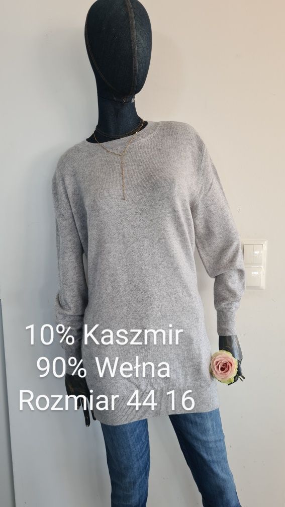 Długi sweter 10% Kaszmir i 90% Wełna Wool. Rozmiar 44 16 XL. Szary