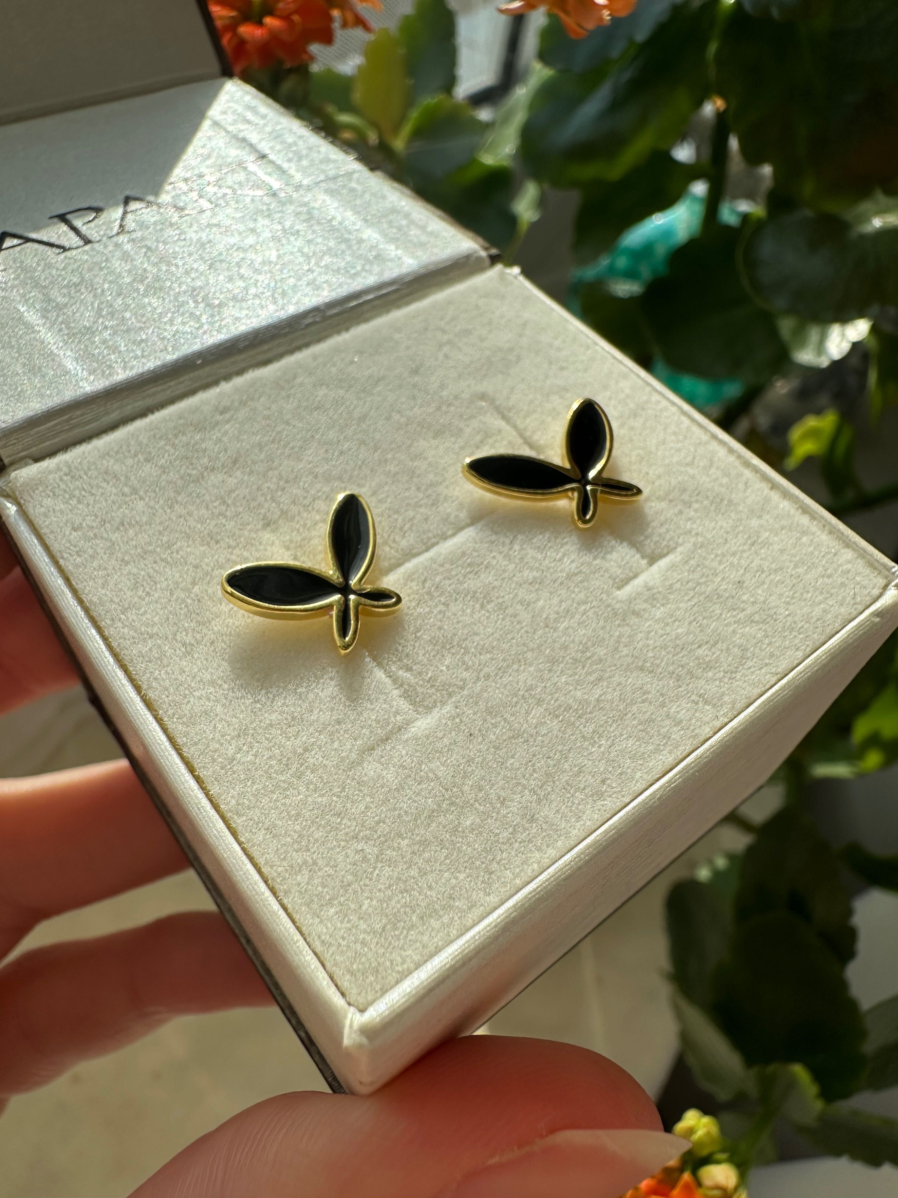 Kolczyki złote motylki motyle czarne emalia pozłacane srebro próba 925