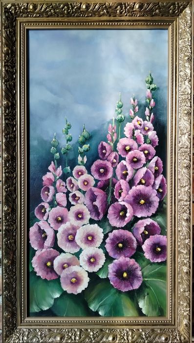 Duży obraz olejny Malwy w drewnie złotej ramie - 90,5/50,5 cm