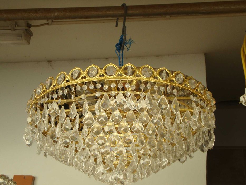 Candeeiro Dourado, Usado,  Cristal com Pingentes, 9 Lampadas E14