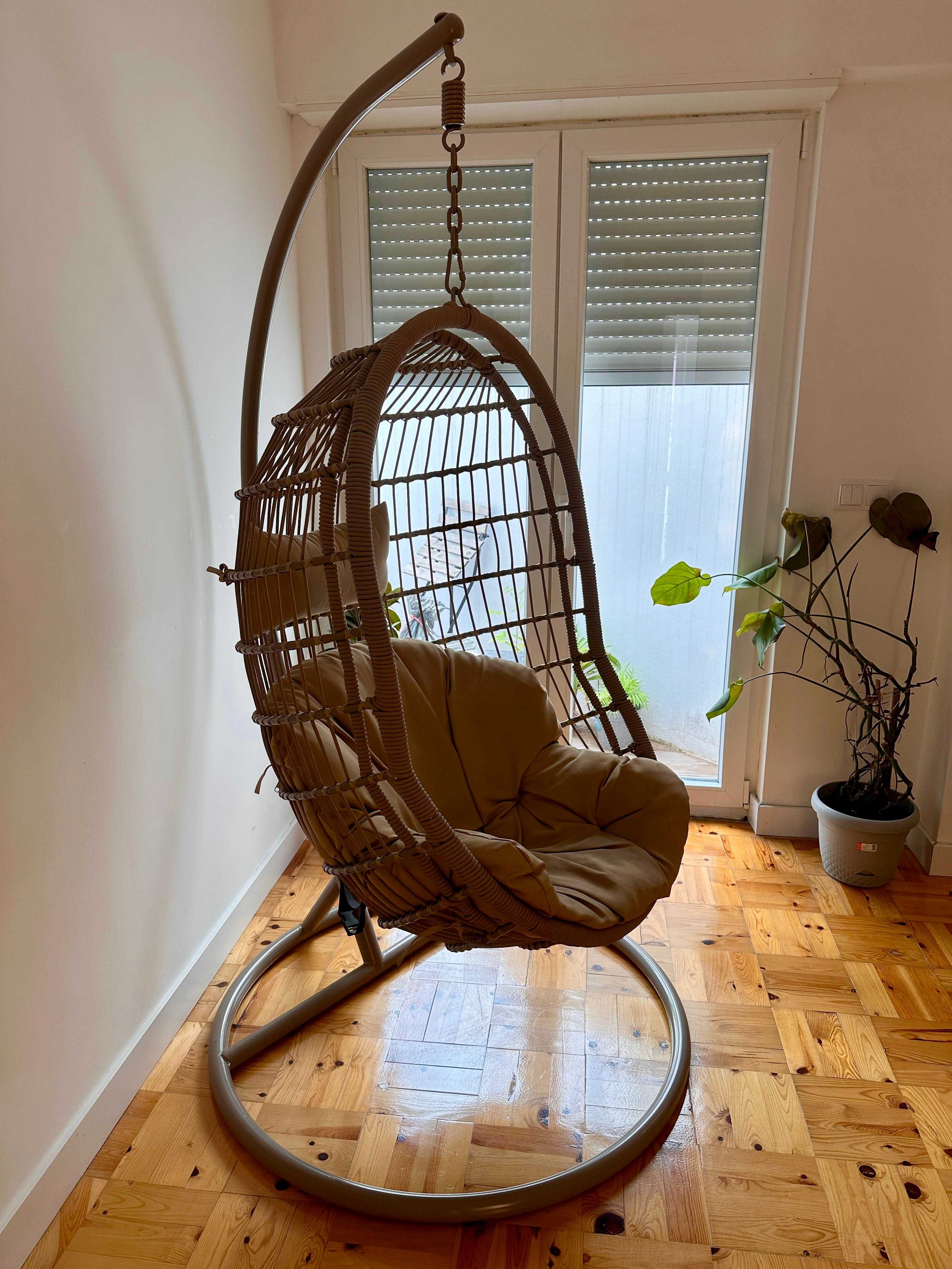 Hanging swing chair with beige/brown structure & cushions