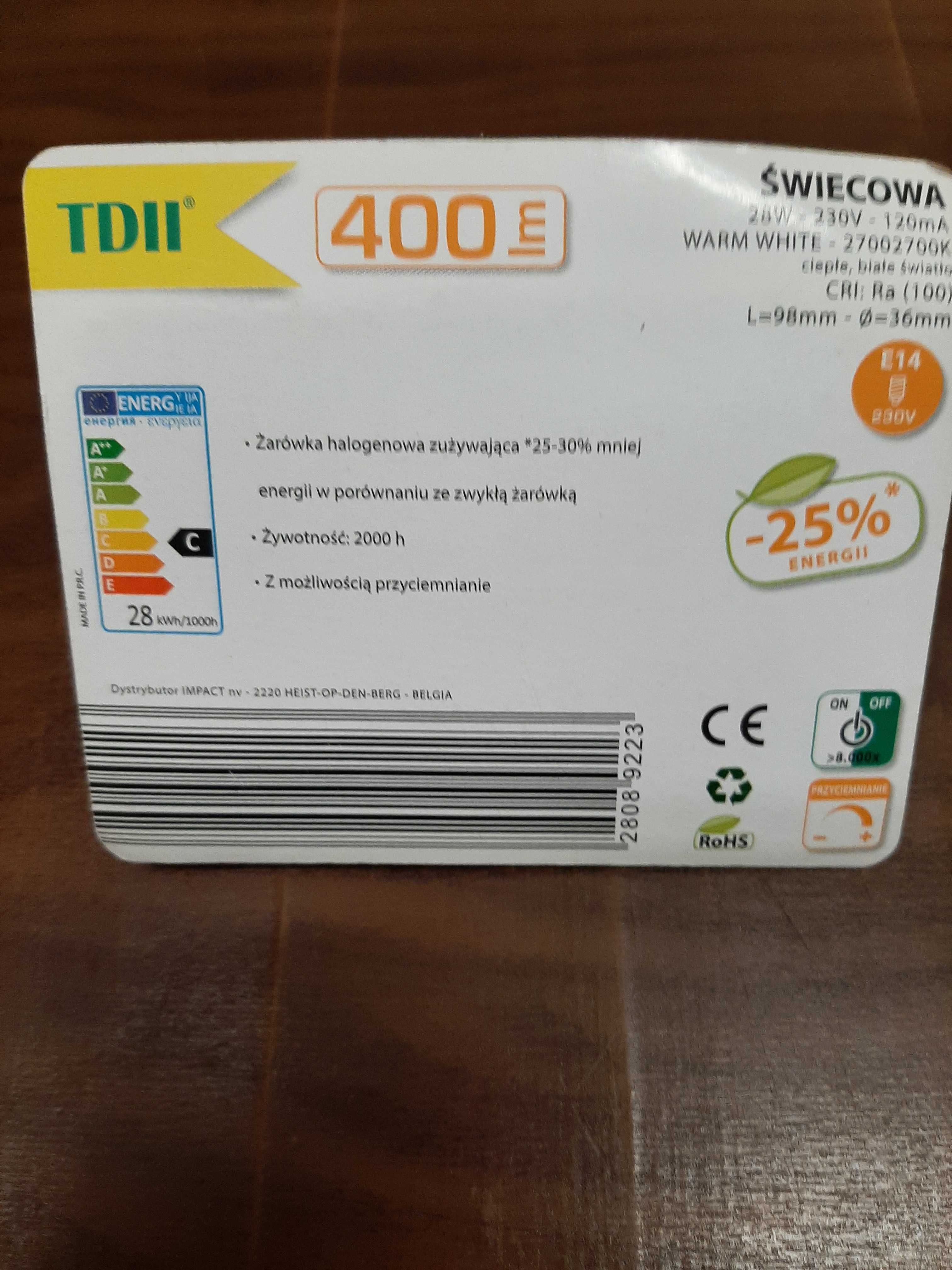 Żarówka halogenowa świecowa 28W 400 lm.