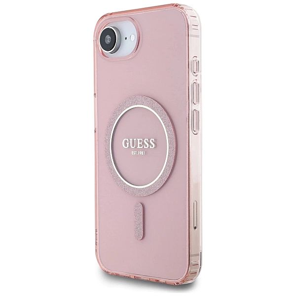 Etui Guess IML Glitter Circle MagSafe na iPhone 16e - różowe