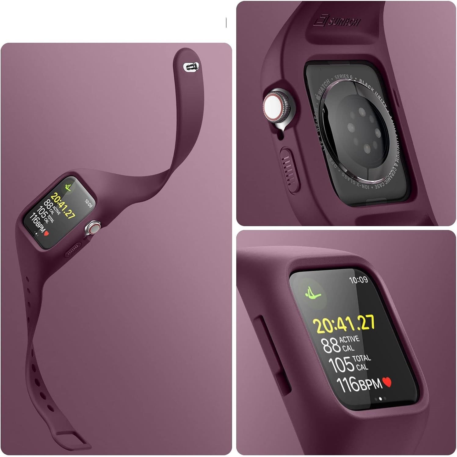 Pasek + Etui Suritch do Apple Watch 4/5/6/7/8/SE 44/45mm, bordowy