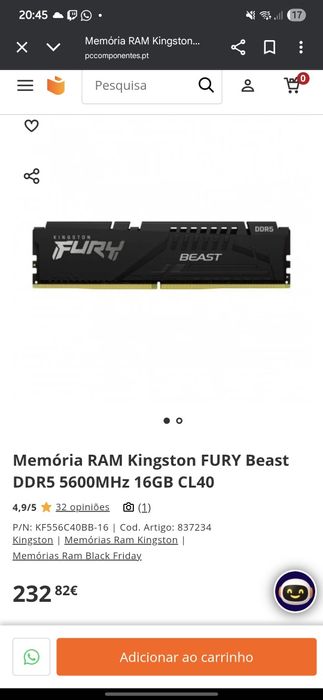 Kingston FURY Beast DDR5 5600MHz 16GB CL40
Ram


Memória RAM Kingston