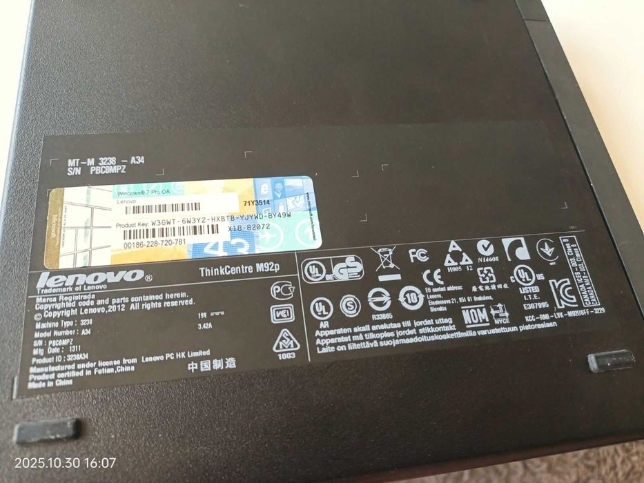 Lenovo ThinkCentre M92p Tiny (Core i5 3470T/RAM 8GB/SSD 120Gb/HD2500)