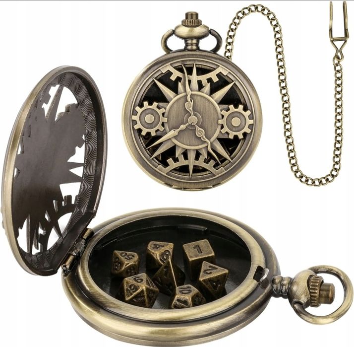 Zegarek kieszonkowy z kostkami DND pudełko z łańcuszkiem metalowy