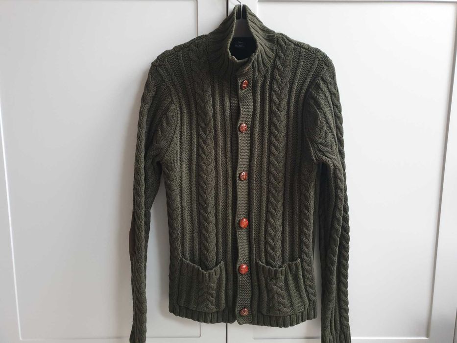 Zielony khaki sweter kardigan wełniany zapinany z warkoczem GAP S 36