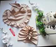 Beżowy komplet wiosenny - czapka turban + chusta wiązana z falbanką