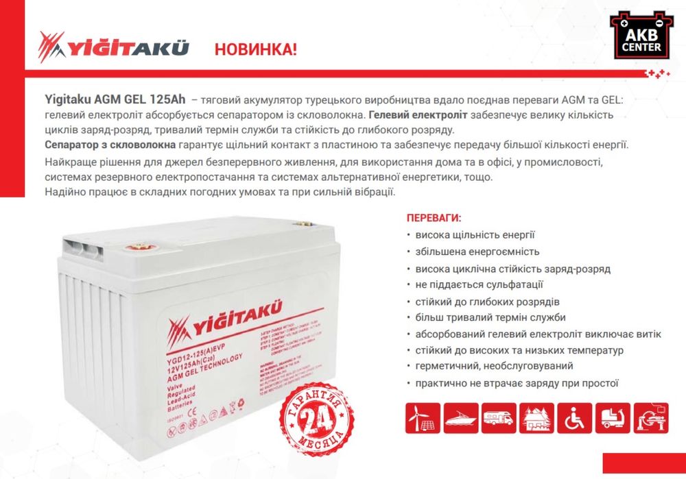 АКБ пром Gel 125Ah 12V Motive Power телекомунікаційні Yigit Aku