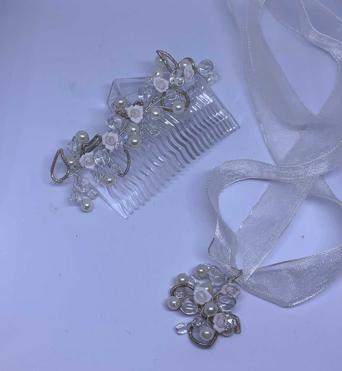 komplet ślubny handmade grzebyk choker róże perły kryształy urok