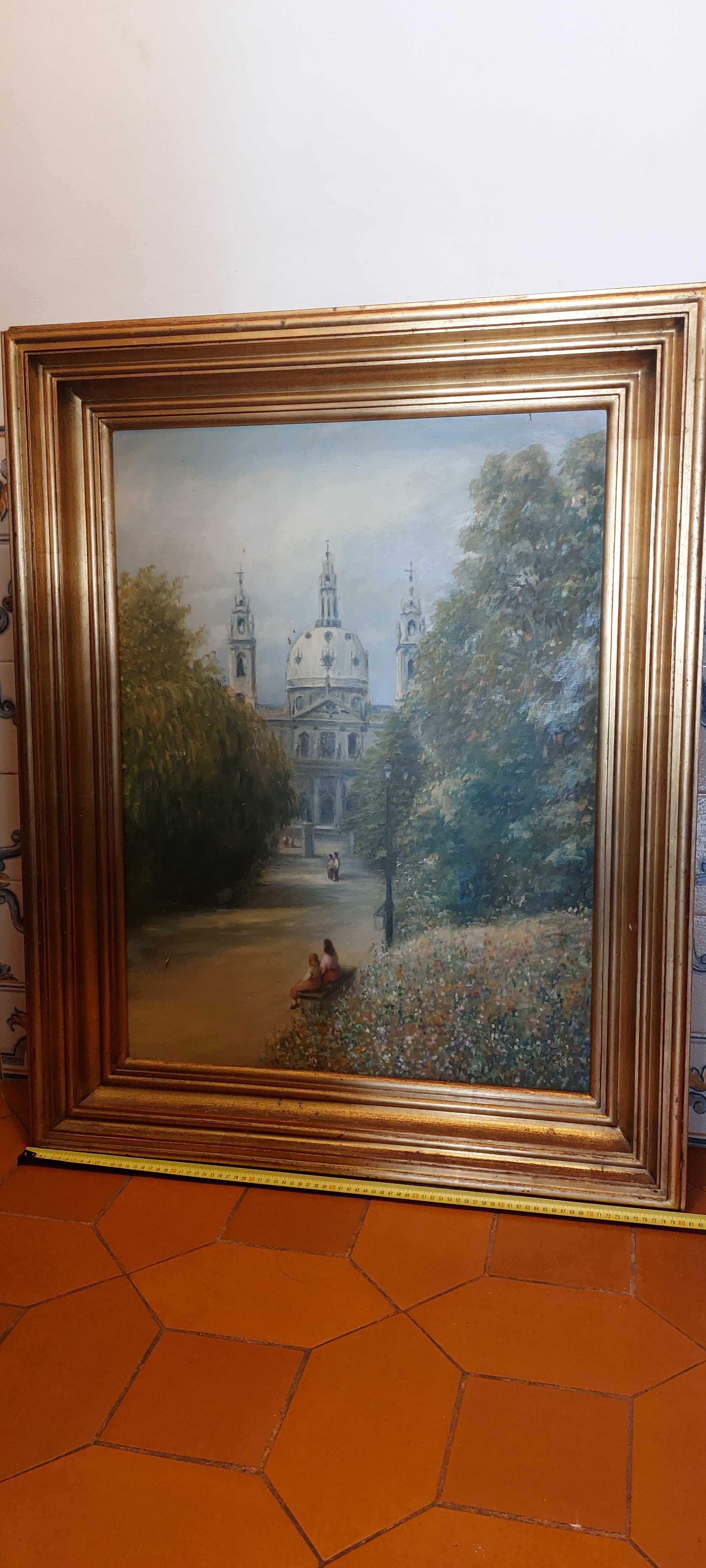 Quadro tela óleo grandes dimensões, moldura rica