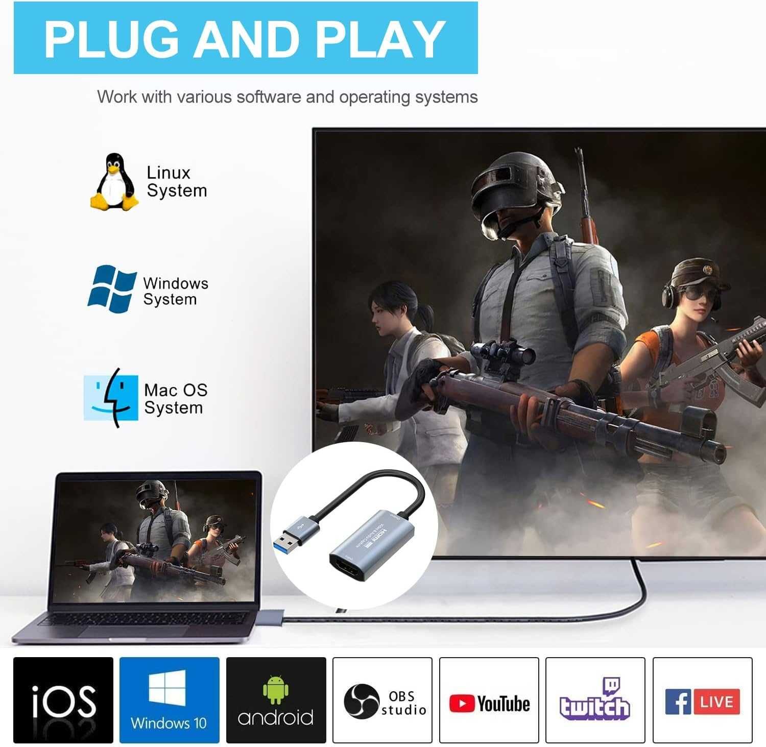 Adapter HDMI Do USB przechwytywanie wideo, 4K Video Audio Streaming