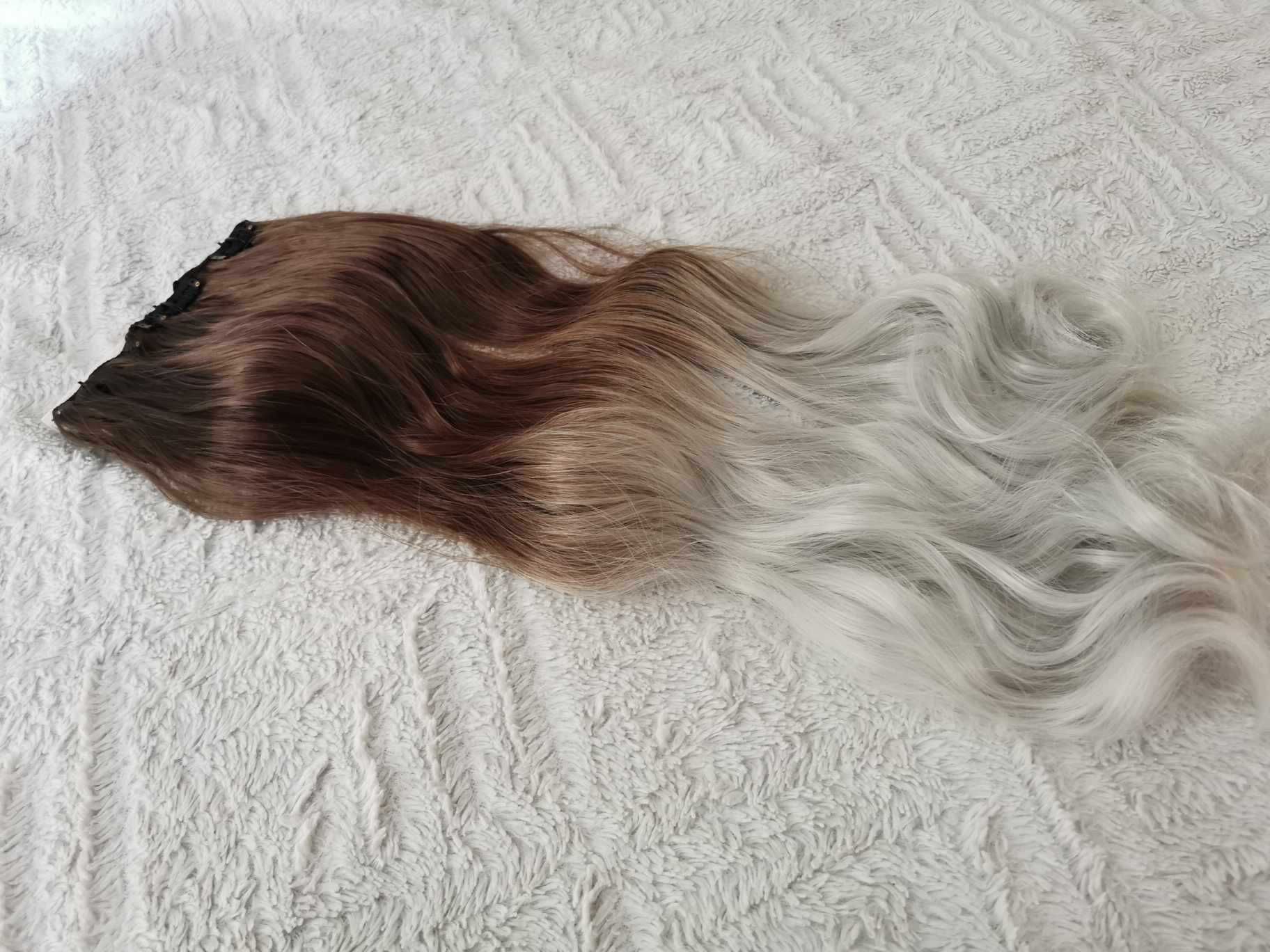 Doczepiane włosy clip in 65 cm ombre brąz srebro