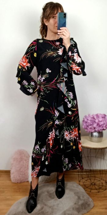 Nowa czarna w kwiaty z falbanami sukienka damska maxi długa XS  H&M 
S