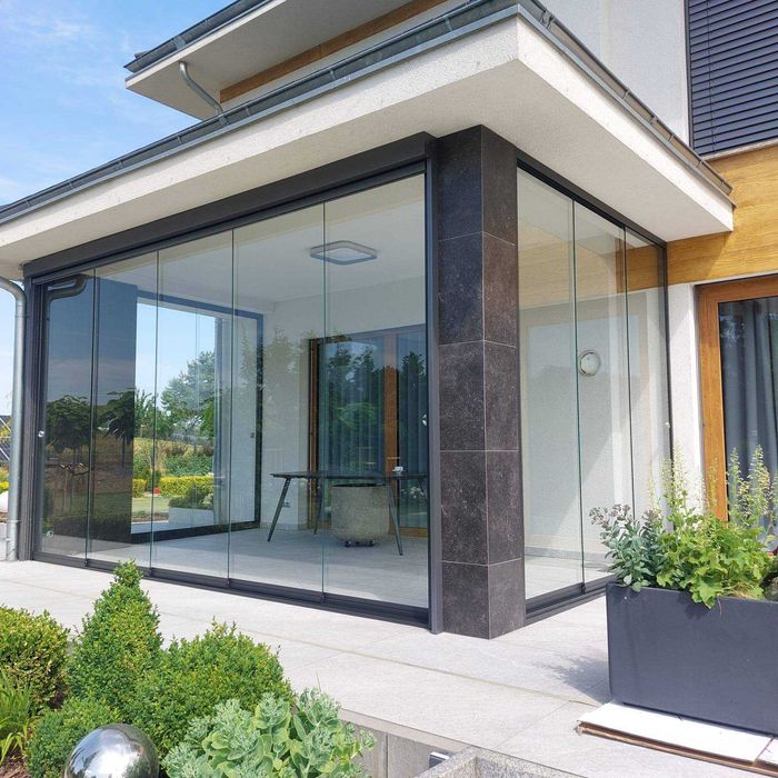 Zadaszenie tarasu aluminium/szkło. Drzwi przesuwne, Markizy