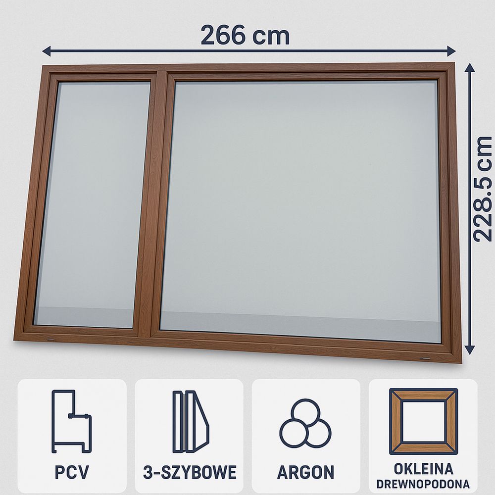 Nowe okno tarasowe, balkonowe PCV 228,5cm x 266cm, trzyszybowe