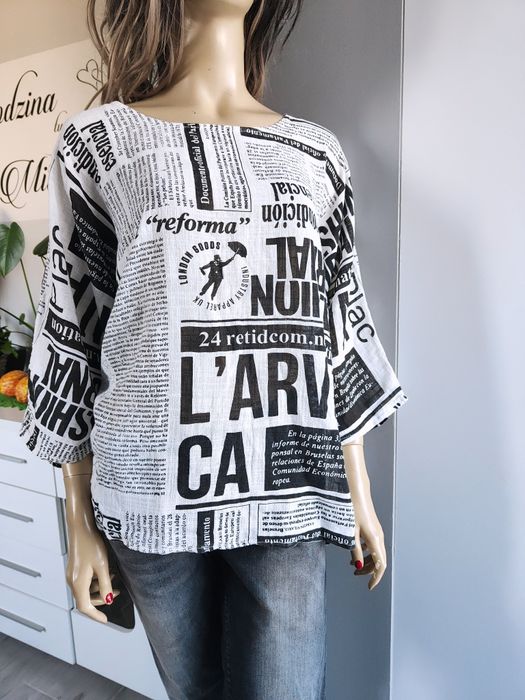 Koszula włoska biała napisy czarno biała gazeta bawełniana 38 40