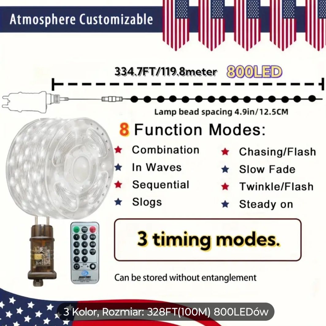 Nowe opakowanie 100m led pilot lampki  800 led na rolce 99,97m