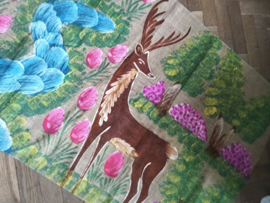 Obraz handmade PRL lata 60  makatka malowany  na lnie