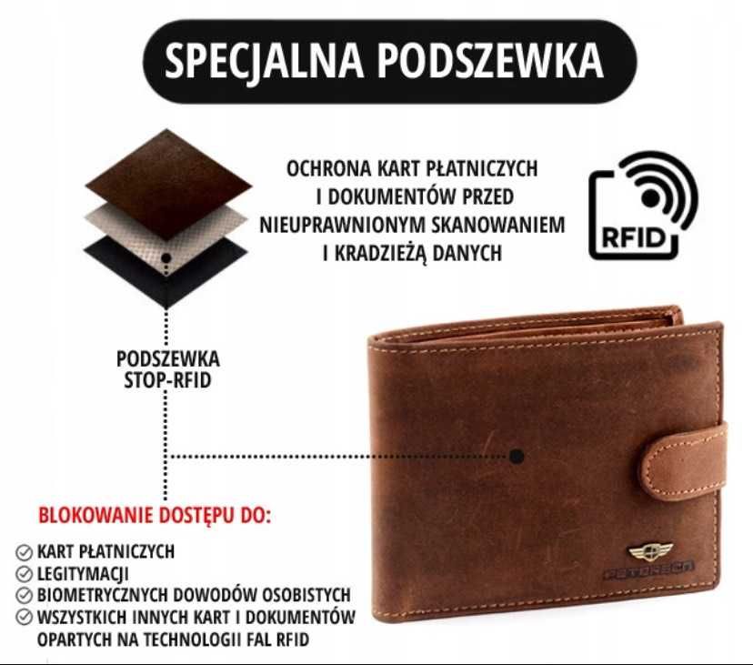 Skórzany męski portfel z wieloma przegródkami zamkiem RFID PETERSON