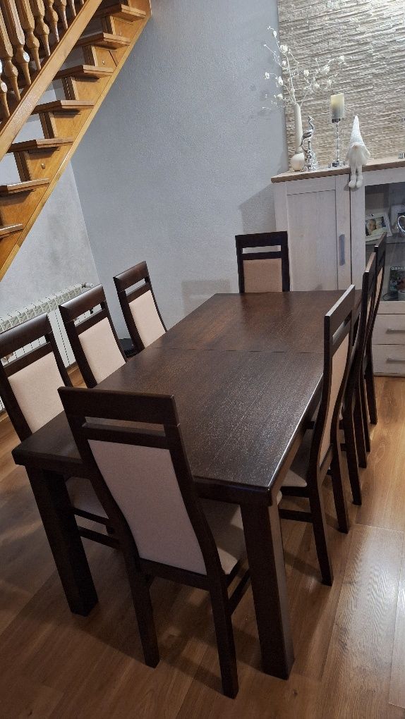 Drewniany duży stół rozkładany +8 krzeseł