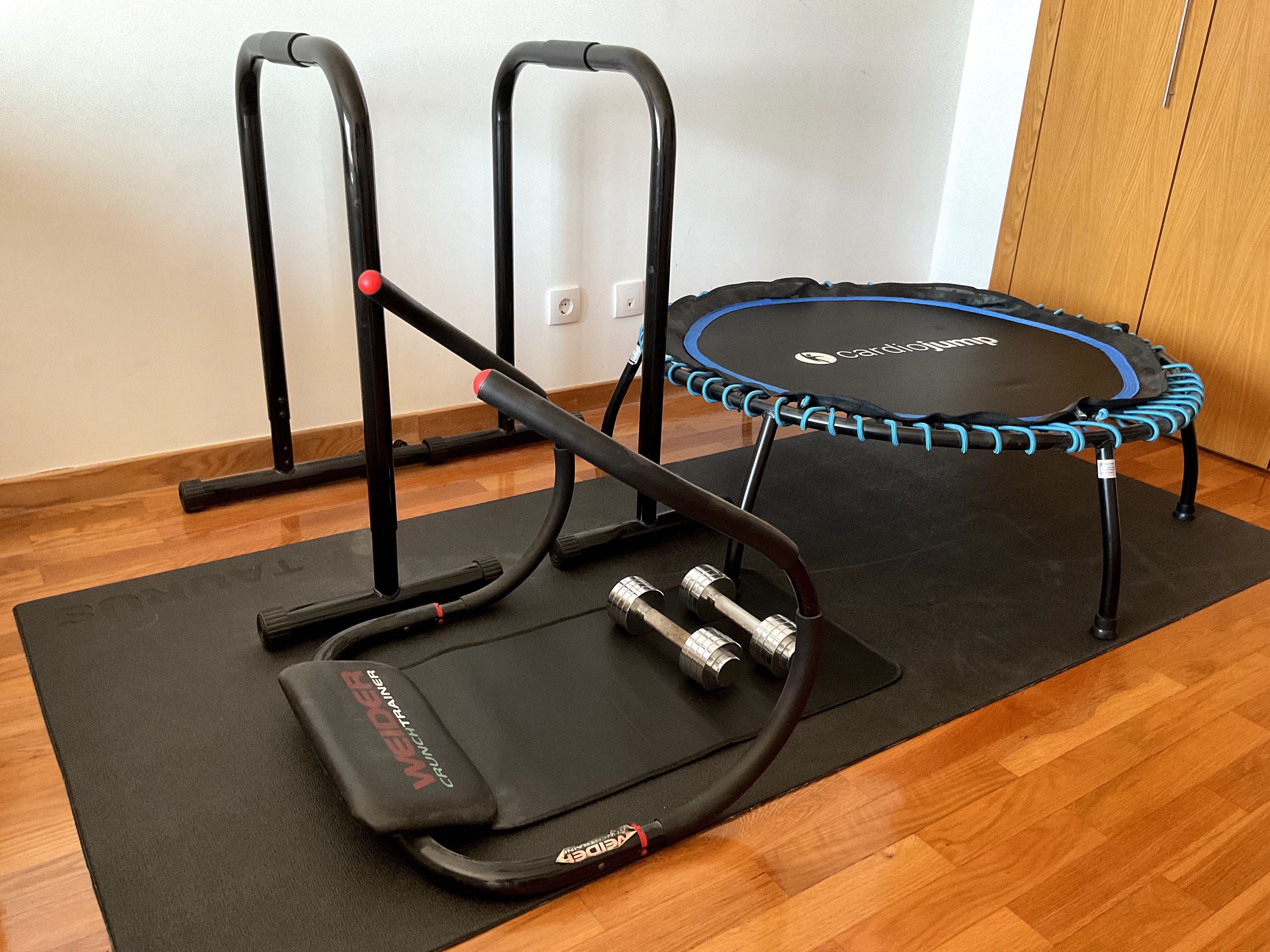 Conjunto Trampolim, Barras, Tapete, Aparelho Abdominais, Halteres