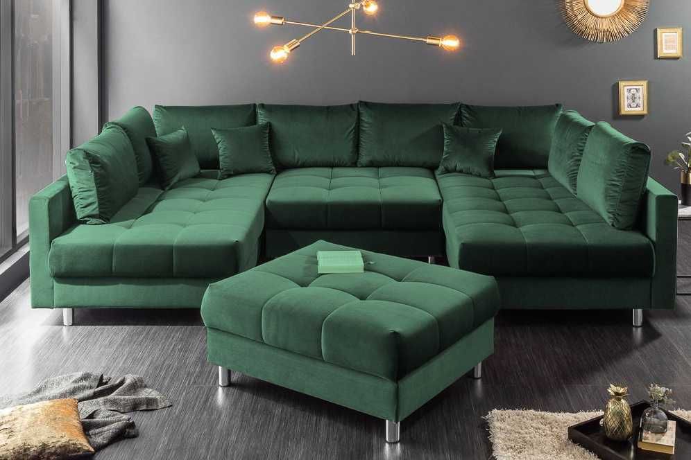 Beżowy Elegancki narożnik do salonu z funkcją spania i pufą-DOSTAWA