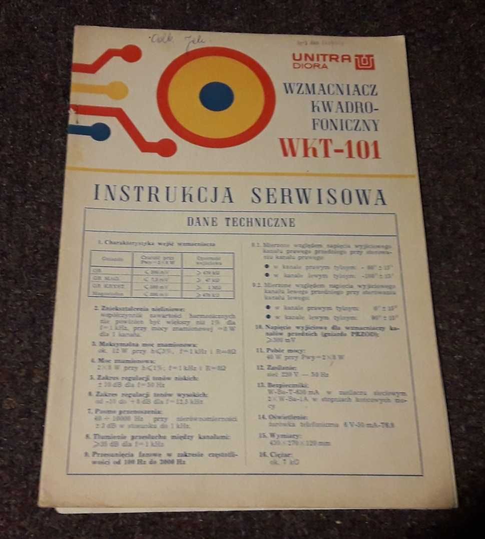 Instrukcja serwisowa wzmacniacz kwadrofoniczny  WKT - 101 Unitra Diora