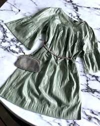 Elegancka szaro-zielona mieniąca się bawełniana sukienka