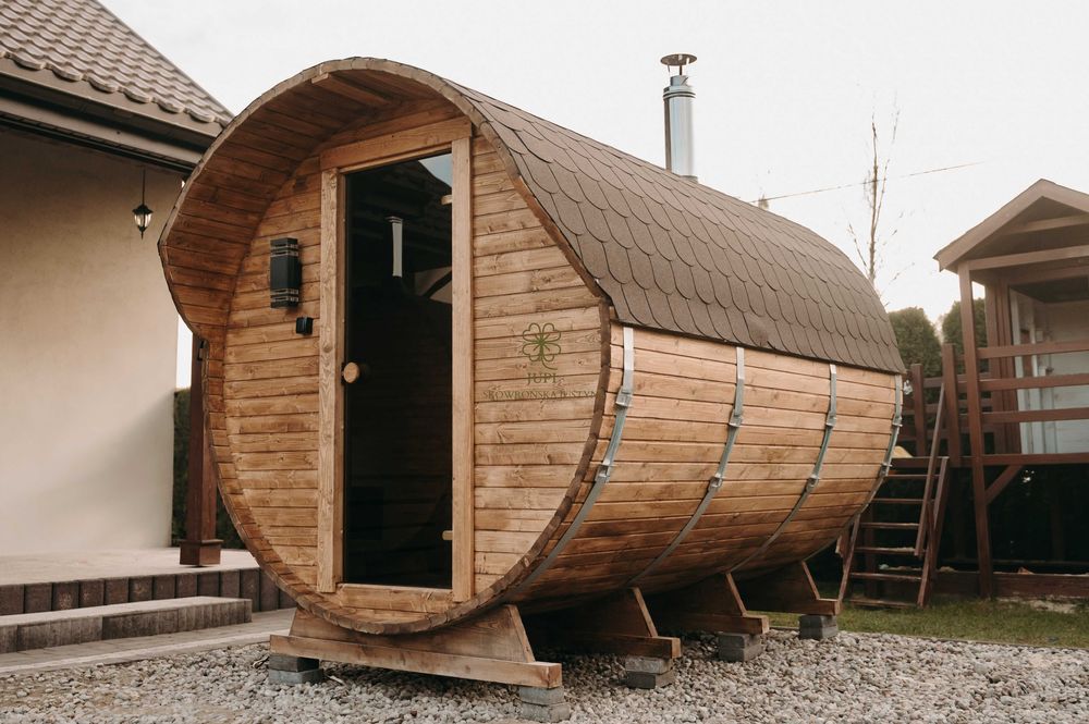 Sauna ogrodowa beczka 340cm z przedsionkiem piecem i oświetleniem LED