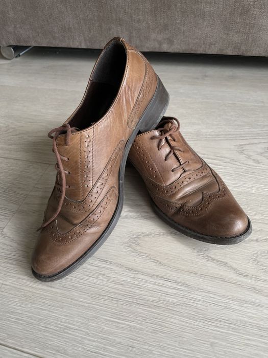 brązowe eleganckie skórzane buty półbuty oksfordki czułenka