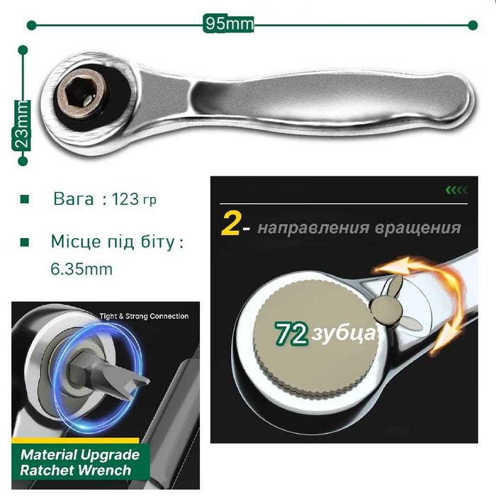 Ключ - тріскачка  під біту ¼ на 72 зуба для важкодоступних місць