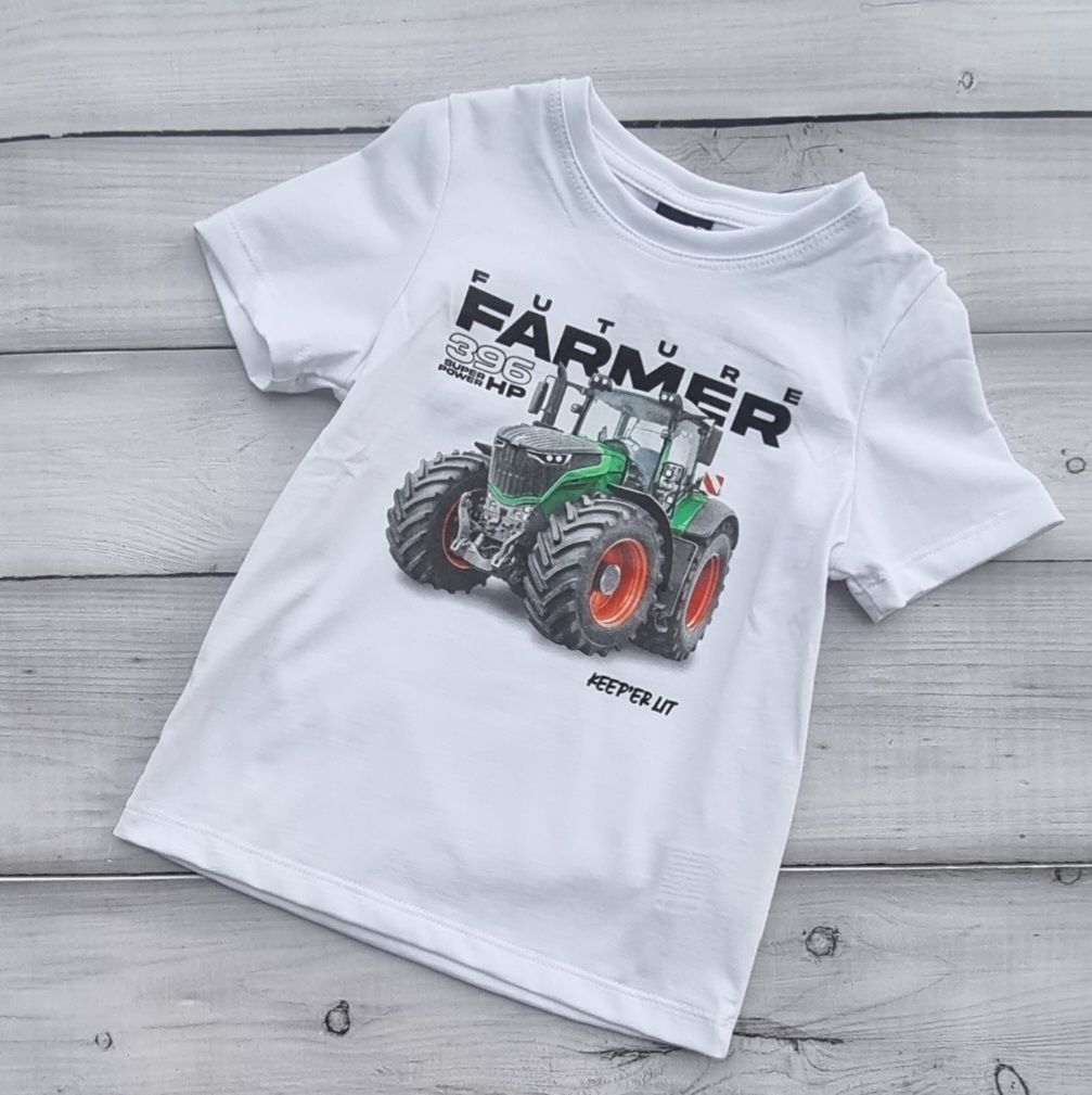 Koszulka chłopięca 92 biała, traktor, t-shirt bawelna gt
