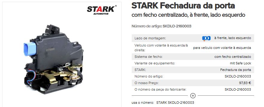 Fechadura nova para porta esquerda Seat, Skoda ou Volkswagen