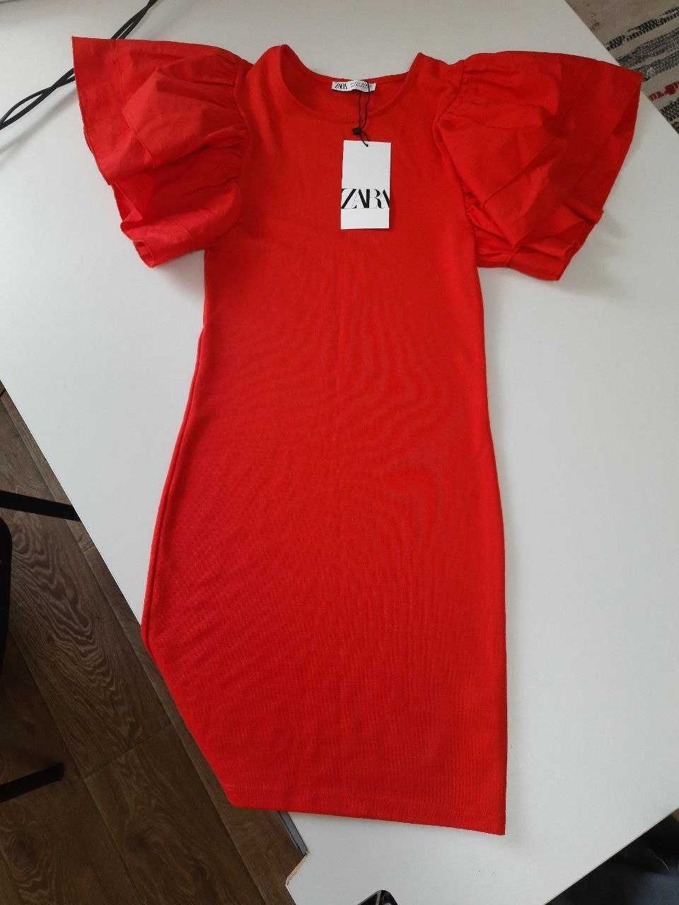 Плаття міні коктейльне червоне трикотажне з воланами zara s
