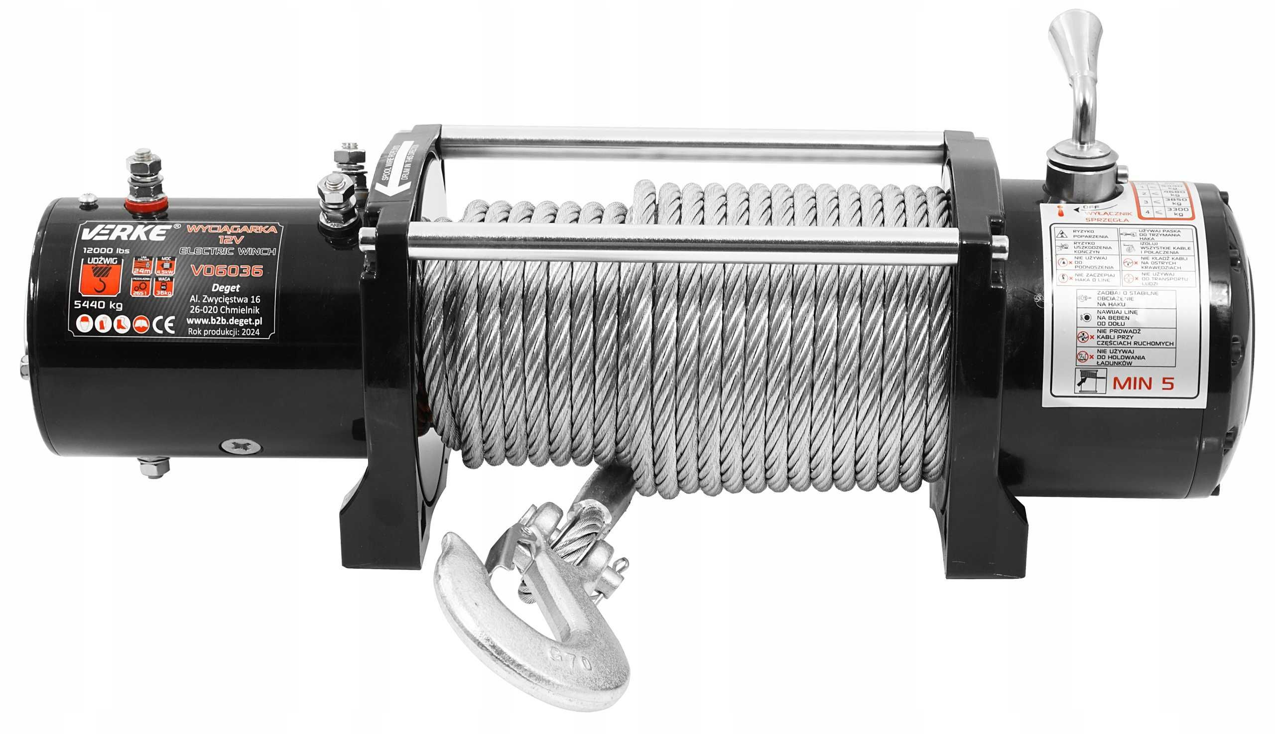 WYCIĄGARKA ELEKTRYCZNA 12V 5440KG Wciągarka Linowa Samochodowa 24M