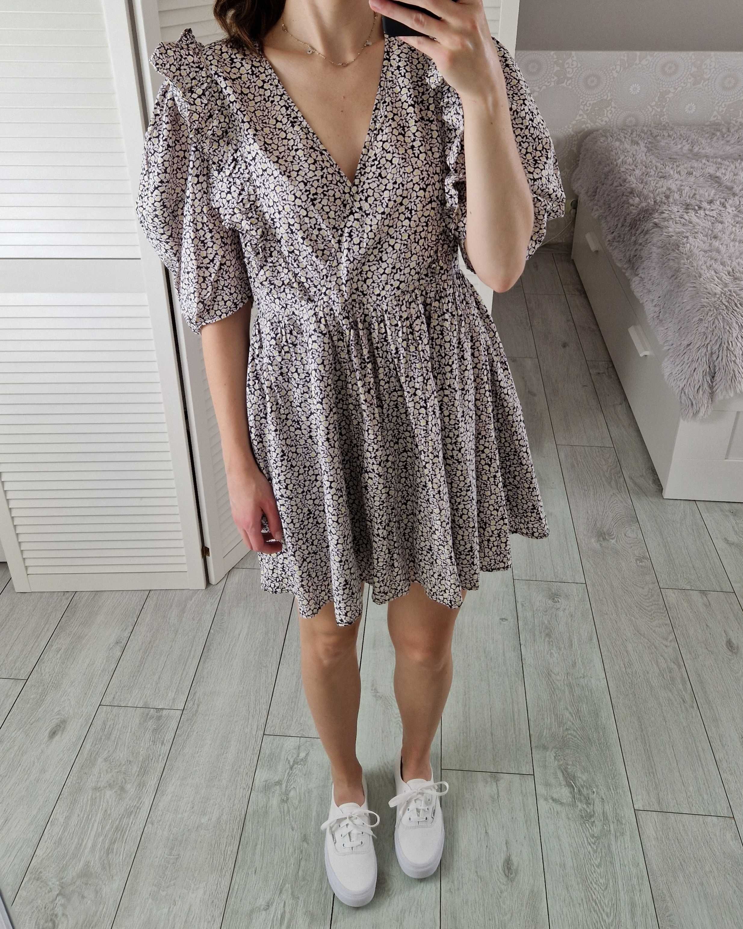 H&M sukienka rozkloszowana w kwiaty z bufkami bawełniana oversize XS
