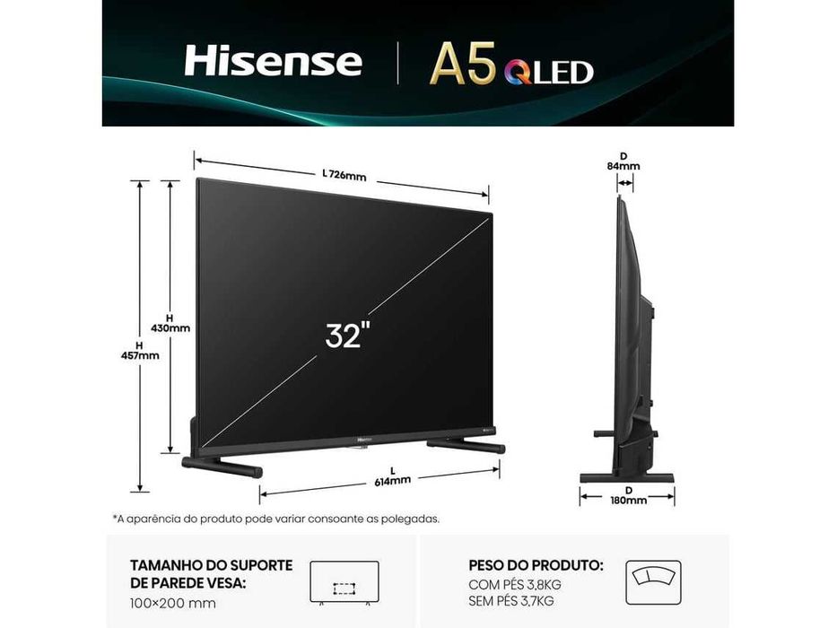 TV HISENSE 32A5Q (QLED - 32'' - 81 cm - Full HD - Smart TV)

Na Caixa