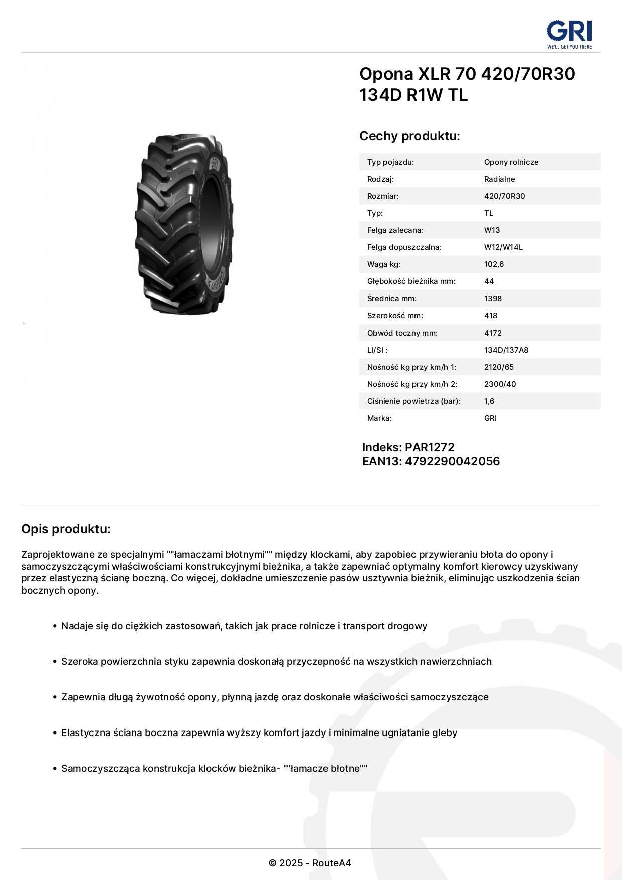 NOWE Opony 420/70R30  GRI XLR70 Naturalny KAUCZUK - cena BRUTTO