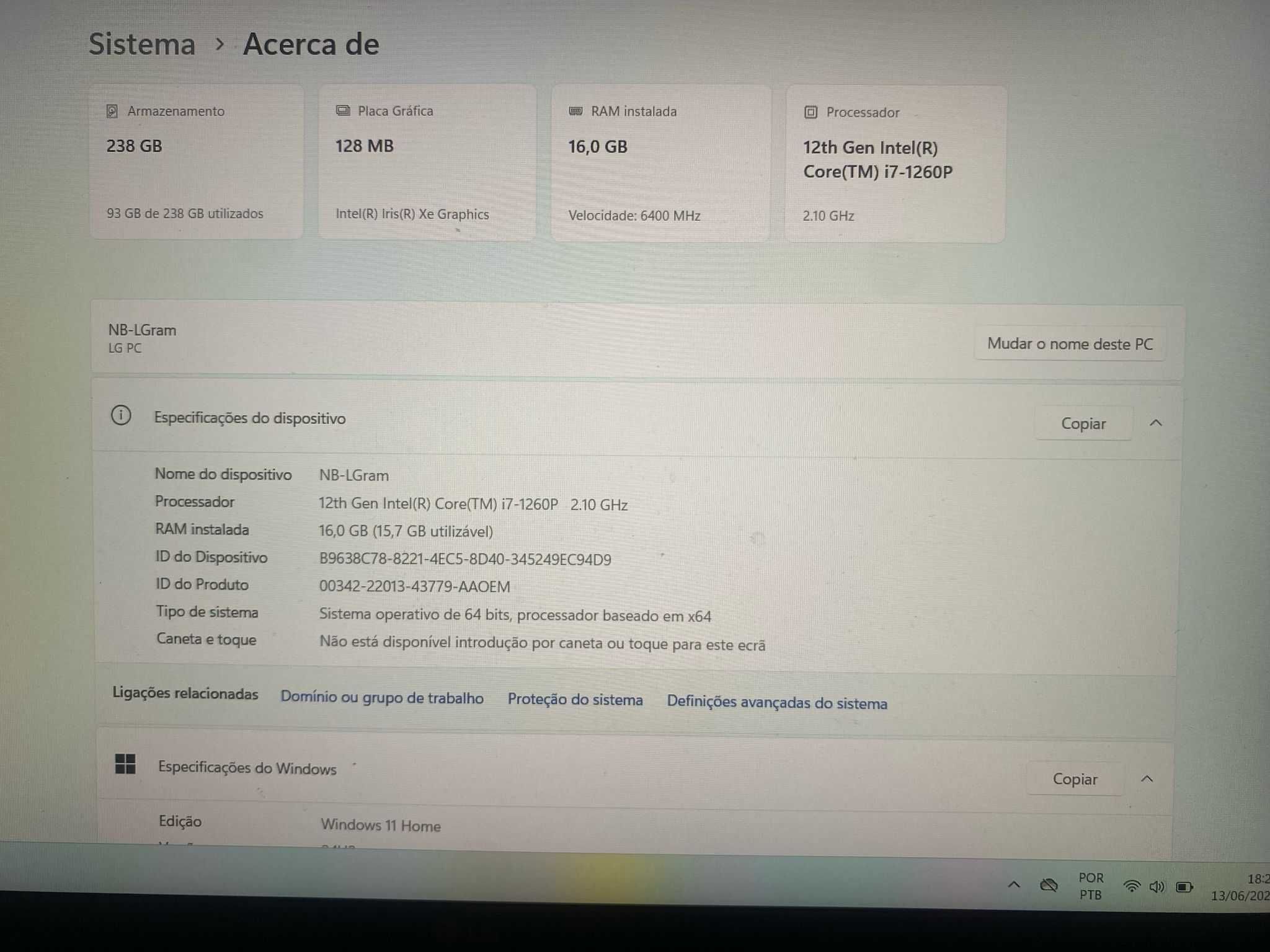 Notebook Gram LG i7 - Estimado