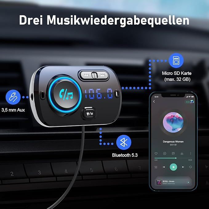 SONRU Transmiter Bluetooth FM 5.0, Car Radio Adapter, 7 LED