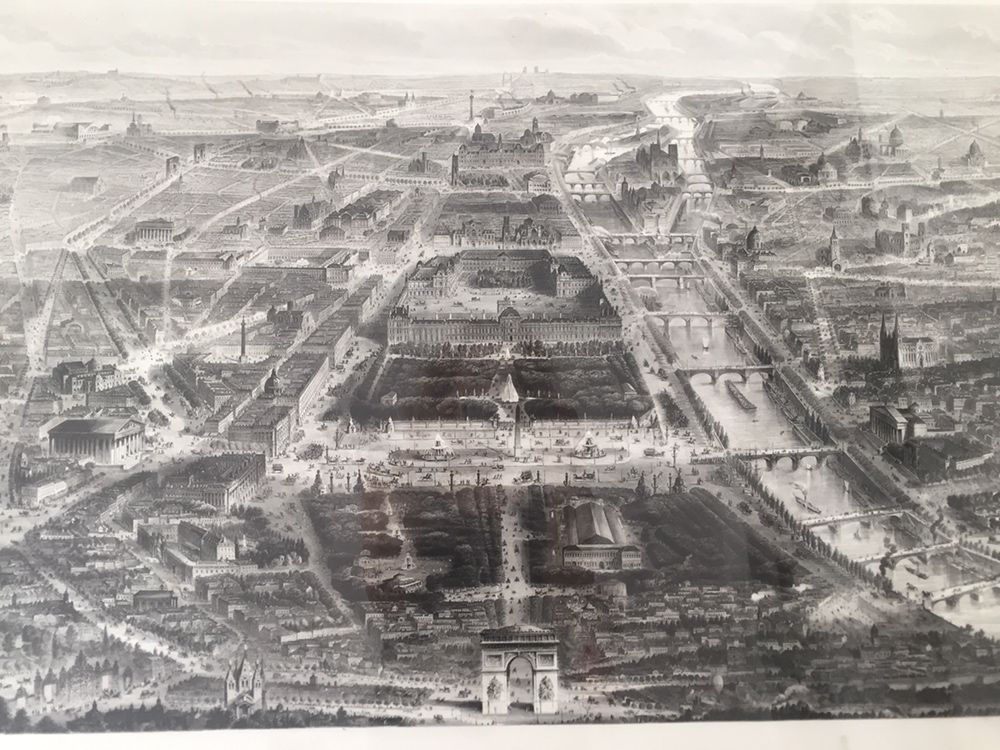 Gravura panorama de Paris com Arco do Triunfo e moldura