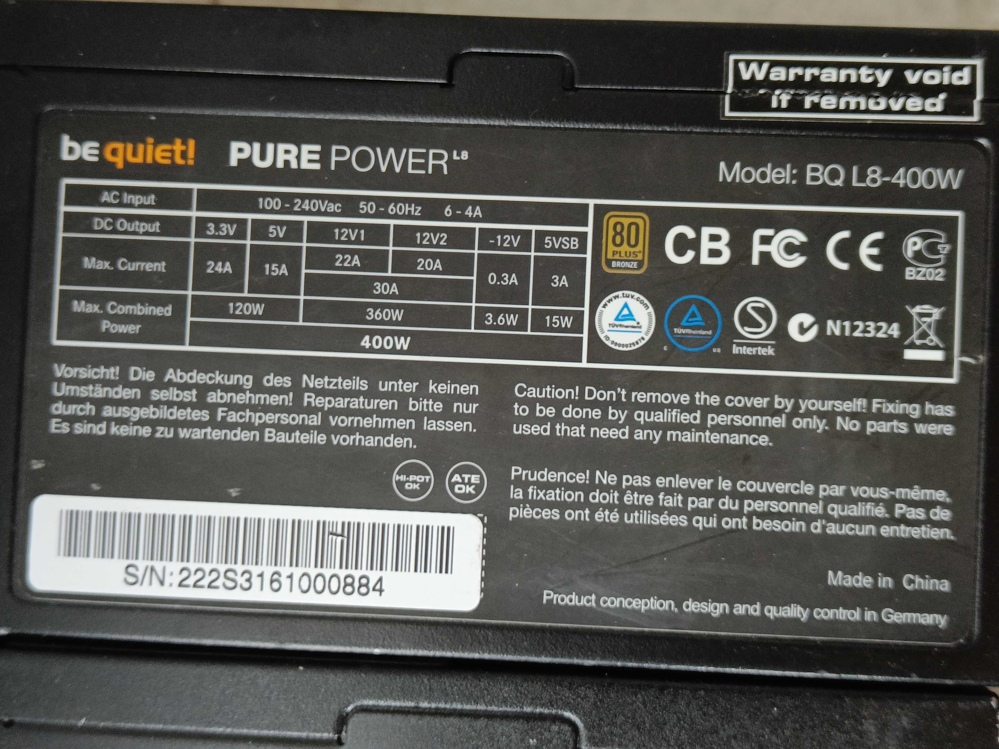 Блок живлення BeQuiet 500W 80 PLUS BRONZE S9 S8 L8 L7 8+8GPU 4+4 CPU