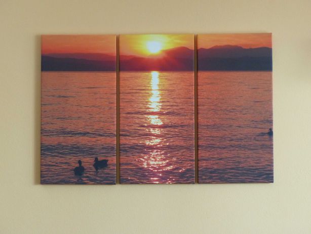 Trzypłótnowy obraz zachodu słońca nad jeziorem
