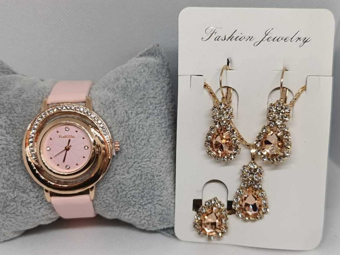 Zestaw zegarek damski+biżuteria;kolor różowy ze złotym