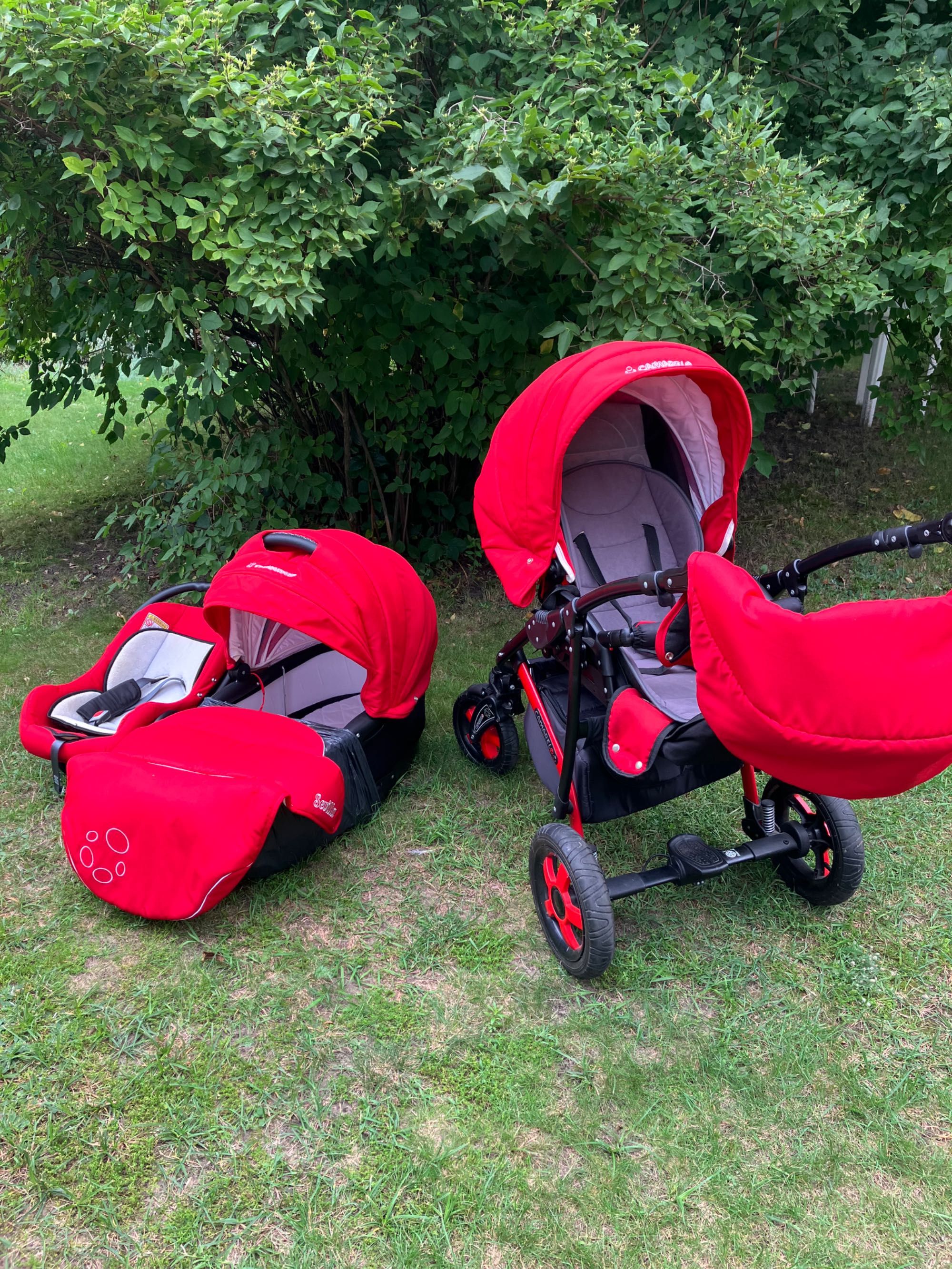 Zadbany wózek gondola +spacerówka+nosidło piękny czerwony kolor