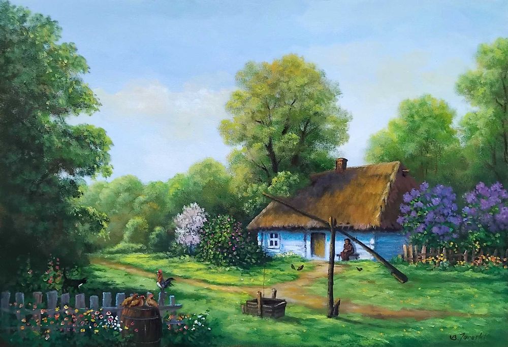 Obraz olejny na płótnie 70x50 cm "Wiosna na wsi".